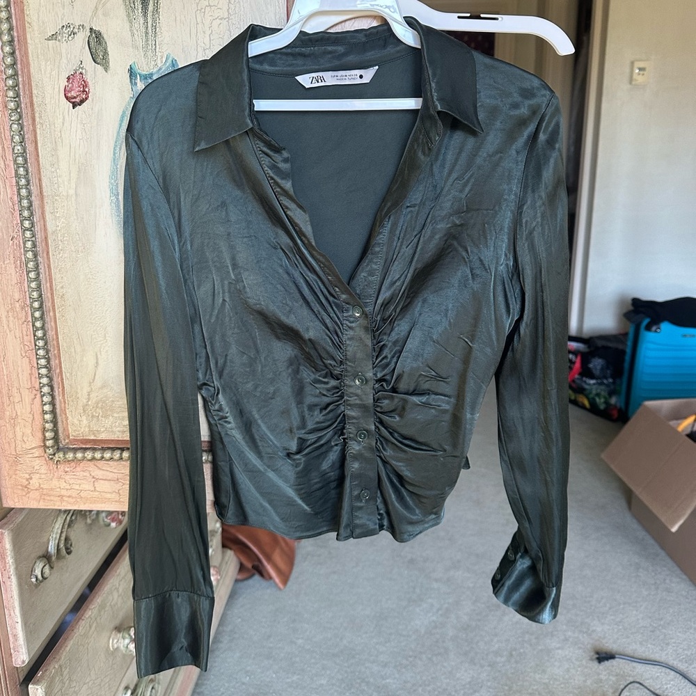 Dark Green Zara Rouged Button Down
